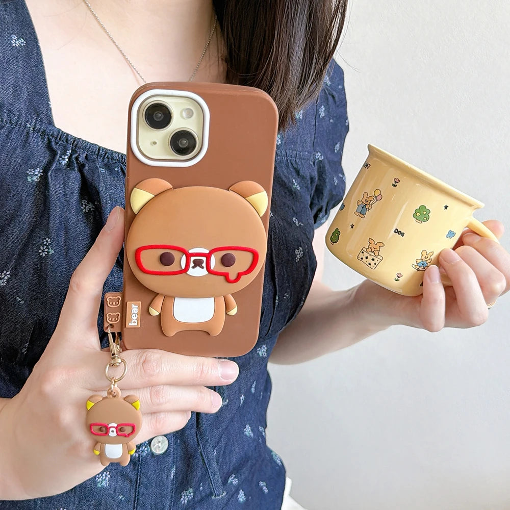 Rilakkuma Bear Hide Makeup Mirror Phone Case For iPhone 17 16 15 14 13 Pro Max 3D Cute Cartoon Soft Silicone Cover With Pendant