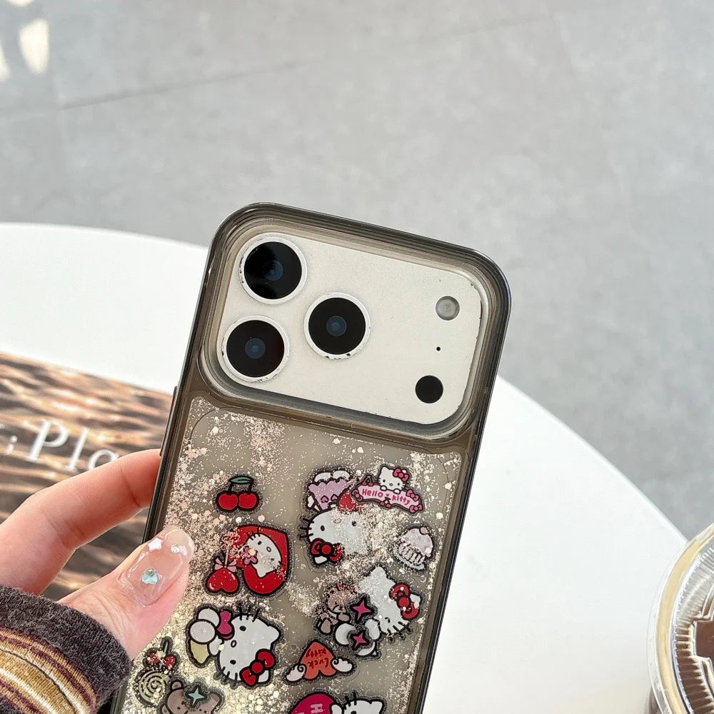 Cute HelloKitty Cat Bling Glitter Quicksand Transparent Phone Case For iPhone 17 16 15 14 13 Pro Max Cartoon Black Bumper Cover