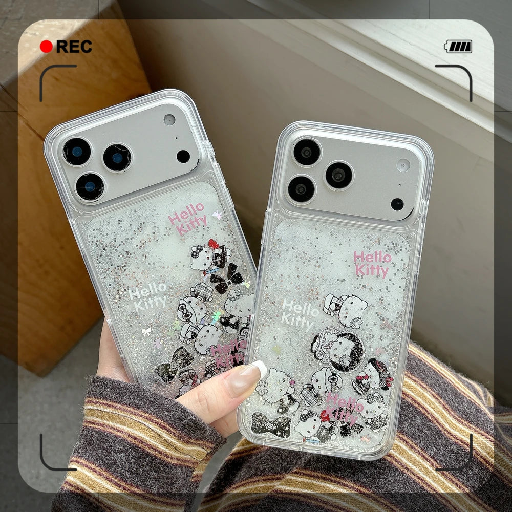 Cute Cartoon Sanrio Hello Kitty Bling Glitter Liquid Quicksand Phone Case For iPhone 17 16 15 14 13 Pro Max Clear Hard Cover