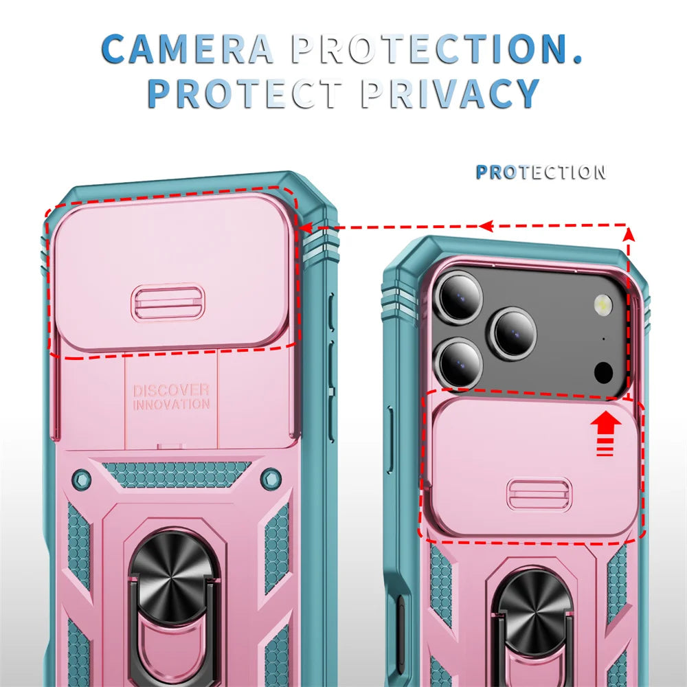 360 Ring Holder Kickstand Slide Camera Protection Phone Case for iPhone 17 Air 16 16E 15 14 Plus 13 12 11 XS X XR Pro Max Cover