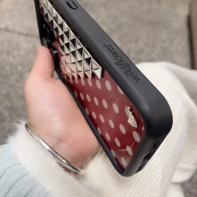 Wildflower 3D silver solid rivet Black white brown yellow Polka Dots Phone case For iPhone 13 12 14 15 16 17 Pro Max Plus Cover﻿