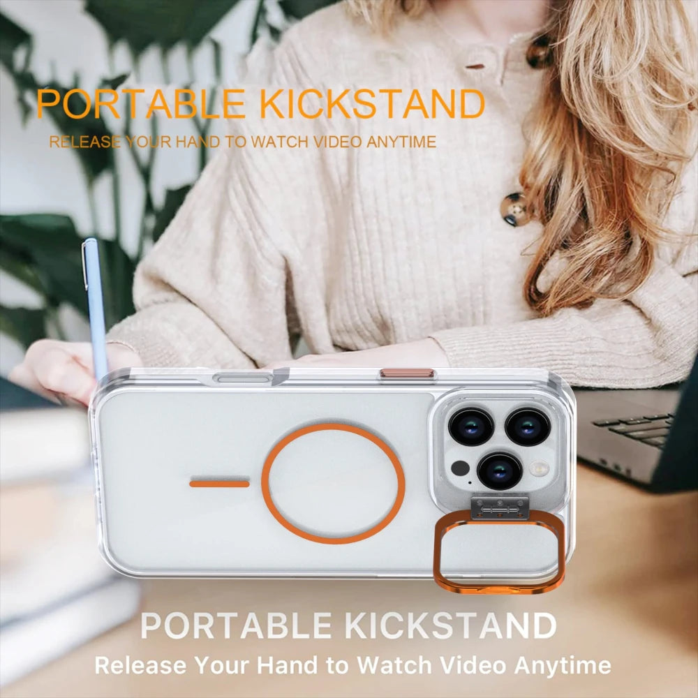For Magsafe Stand Phone Case for iPhone 17 Pro Max Air 11 12 13 14 15 16 Pro Max Plus Shockproof Transparent Phone Cover Funda