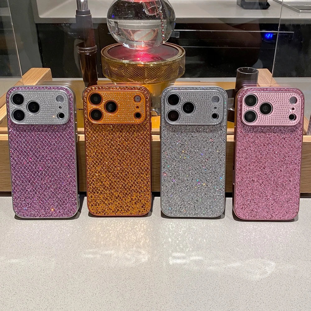 Korea Luxury Glitter Diamond Phone Case For iphone 17 16 15 14 13 Pro Max Shiny Camera Protection Shockproof Back Cover