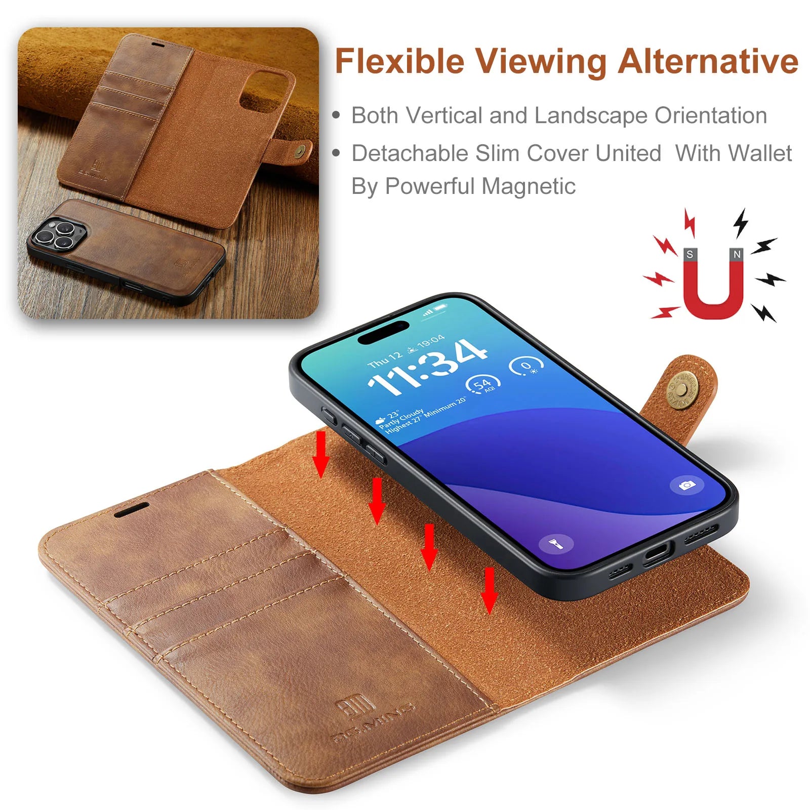 For iPhone 17 16e 15 14 Plus 13 12 11 Pro Max XS XR X SE 2022 8 7 Magnetic Wallet Card Back Cover 2 in 1 Flip Leather Phone Case