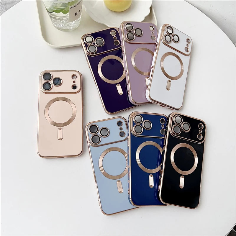 Luxury Plating Silicone Phone Case For iPhone 17 13 15 14 16 12 11 Pro Max Plus Air For Magsafe Magnetic Cover For iPhone 17 Pro