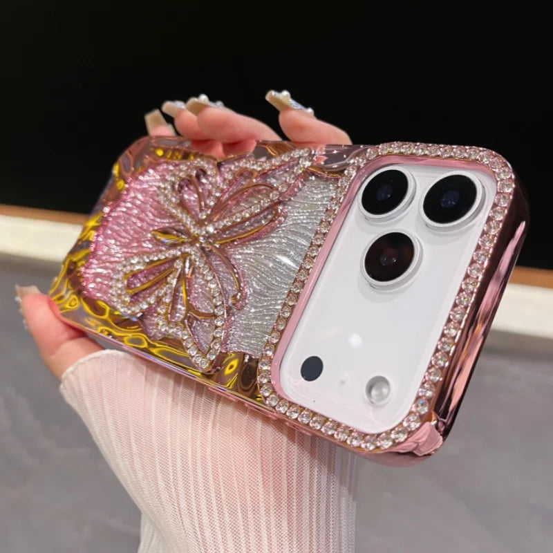 3D Bling Glitter Butterfly Gradient Diamond Phone Case For iPhone 17 Air 16 15 14 13 12 11 Pro Max Plus Plating Shockproof Cover