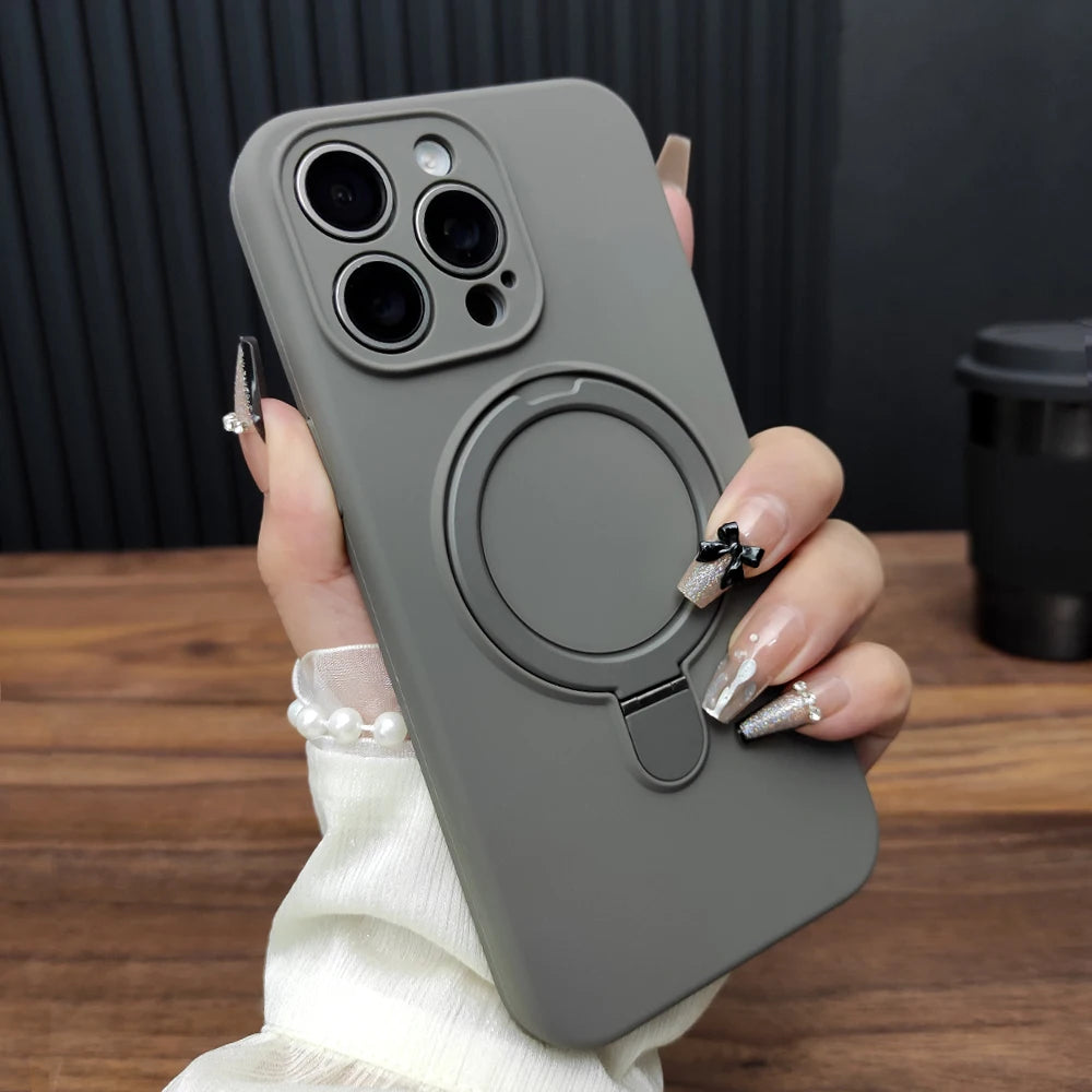 Liquid Silicone Magnet Stand Case for iPhone 16 Plus 15 14 13 12 Pro Max 11 For Magsafe Wireless Charge Protective Plain Cover