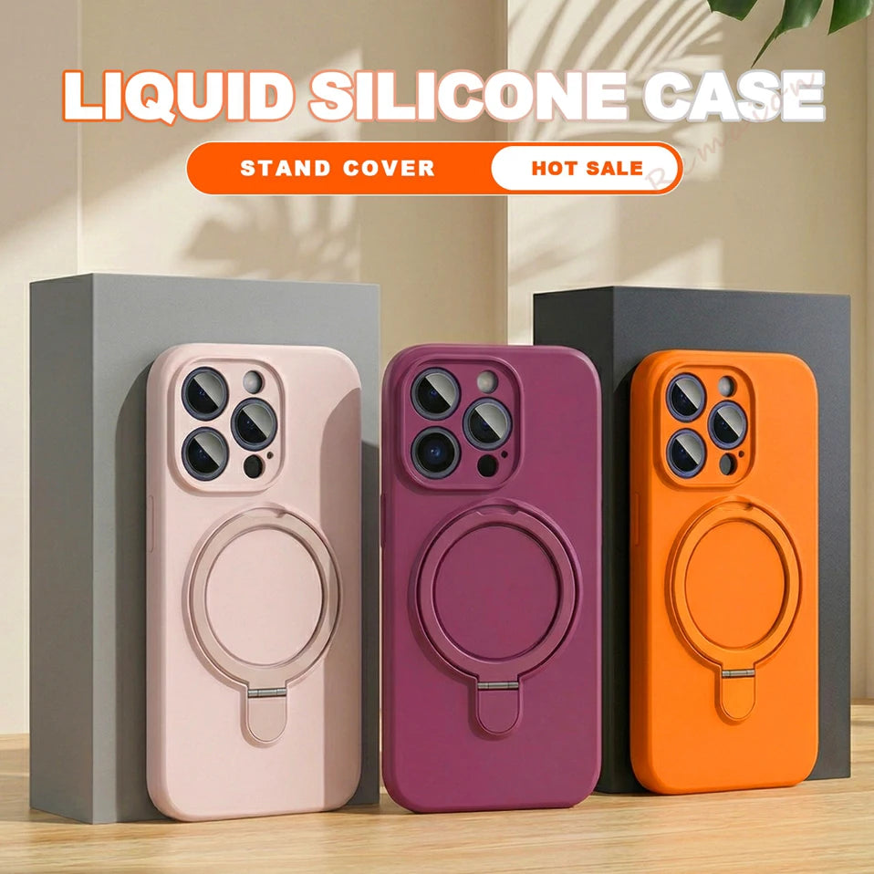 Ring Holder Magnetic Phone Case For iPhone 17 Air 13 14 15 16 Pro Max Magsafe Liduid Silicone Stand Shockproof Protector Cover
