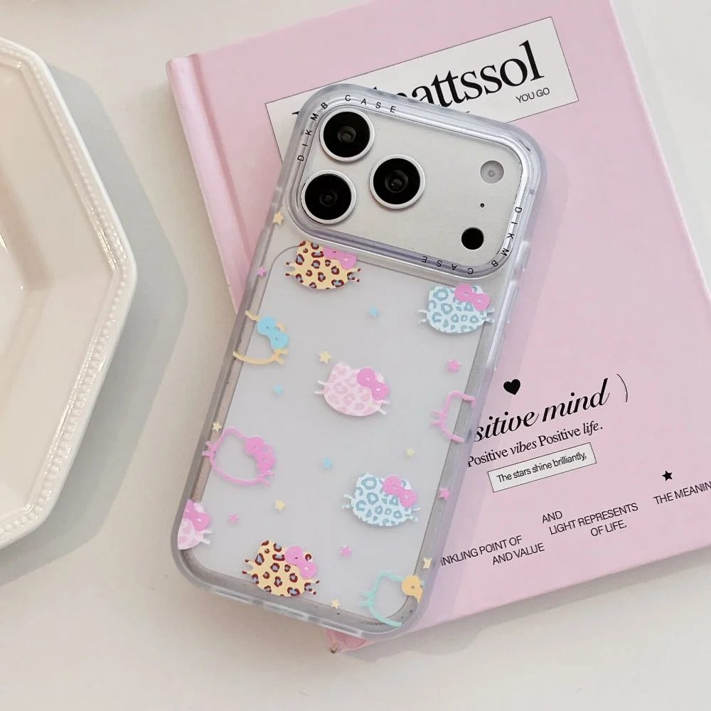 Luxury Frosted Leopard Print Hello Kitty Head Phone Case for iPhone 17 Pro 15 16 Pro Max  Protection Cover Cute Cartoon Funda