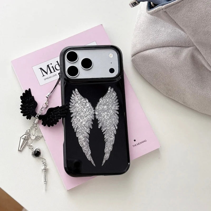  Luxury Laser Cute Cartoon Angel wings Baby Black Phone Case For iPhone 15 16 17Pro Max Y2k Angel wings pendant﻿﻿﻿﻿﻿﻿﻿﻿﻿﻿﻿﻿﻿﻿﻿﻿