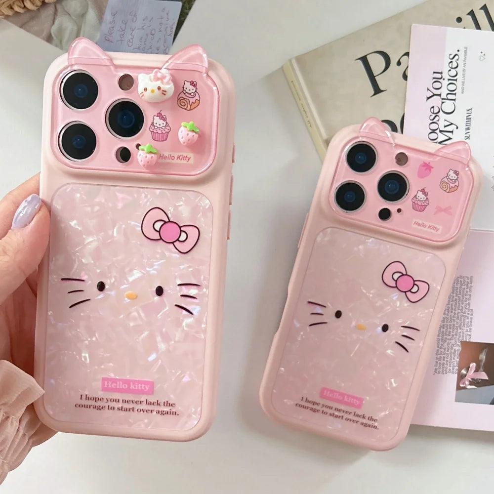 Sanrio HelloKitty Lines Expression Phone Case For iPhone 17 16 15 Pro Max Cartoon 3D Strawberry KT Cat Ear Lens Protection Cover
