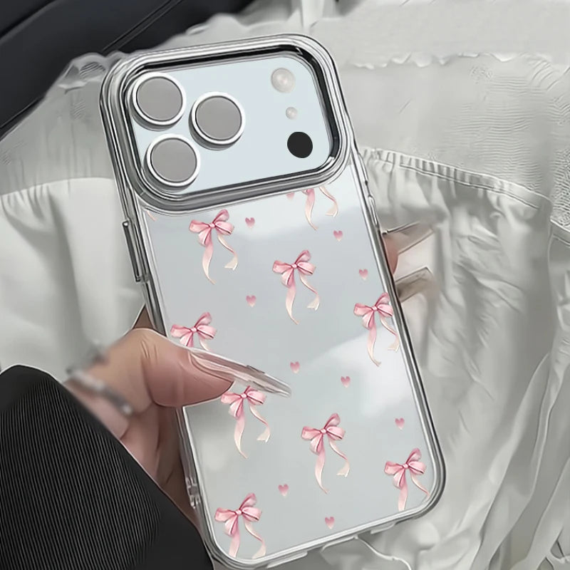 Cute Pink Bow Pattern Transparent Phone Case For iPhone 17 16 15 14 13 12 Pro Max 17 Pro Air 12 11 Plating Lens Frame Soft Cover