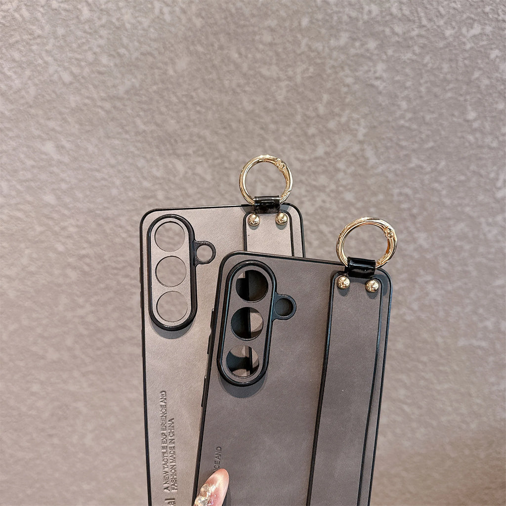 Luxury Matte Sheepskin Leather Wrist Strap Holder Phone Case For Samsung S26 S25 S23 S24  S21 S22 Ultra Plus Lens Protect Cover