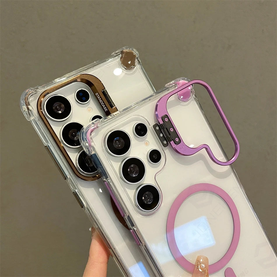 Luxury Transparent Case For Samsung Galaxy S25 Plus S24 S23 S26 Ultra Shockproof Frame Stand Armor Silicone Cover For Magsafe