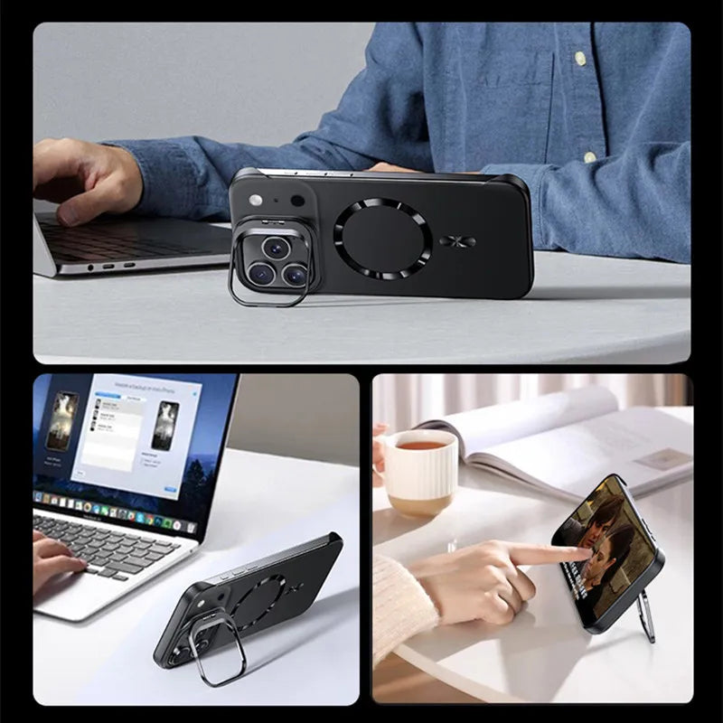 Matte PC Metal Camera Bracket Holder PC Case For iPhone 17 Pro Max Air 16 15 17Pro Frameless Plastic Shockproof Armor Cover