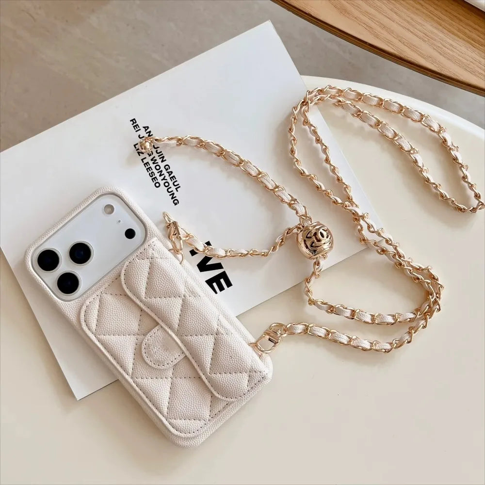 Adjustable Lanyard Shoulder Strap Luxury Leather Crossbody Case Card Holder Wallet for IPhone 13 14 15 16 17 Pro Max(No Logo)