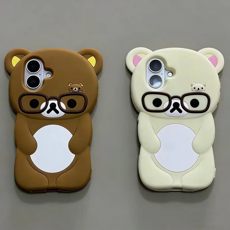 Lovely 3D Cartoon Glasses Bear Phone Case For iPhone SE 2 3 7 8 Plus 11 12 13 14 15 16 Pro Max