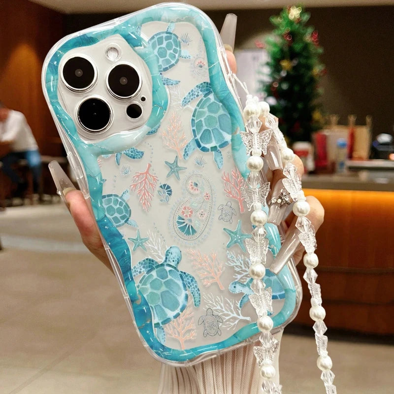 Sea Turtle Underwater World Wave-Shaped Phone Case For iPhone 17 16 15 14 13 12 11 Pro Max 16E 17E Bowknot Lanyard Clear Cover