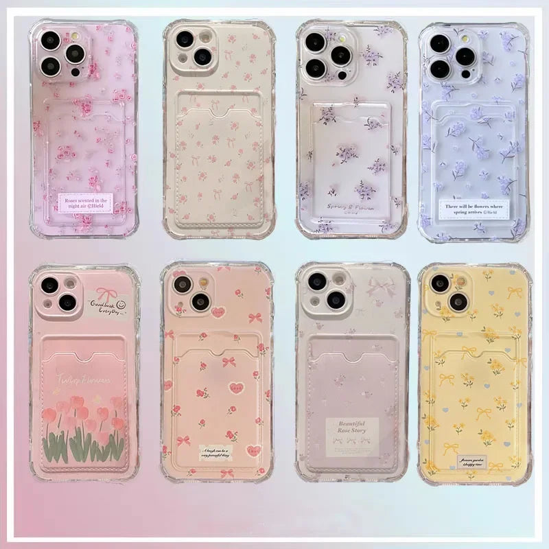 Case For iPhone 16E 16 Pro Max 15 14 Plus 13 11 ProMax XR XS X 8 7 6 6S SE 4 3 2 cover Flower Photo Card Holder Wallet