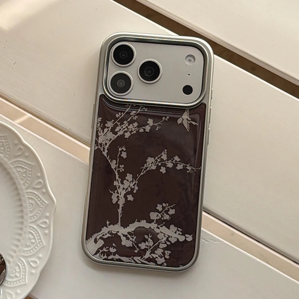 Elegant Brown with White Floral Pattern Stylish Case for iPhone 17 16 15 14 17ProMax 13 Electroplated Drop Glue Shockproof Cover