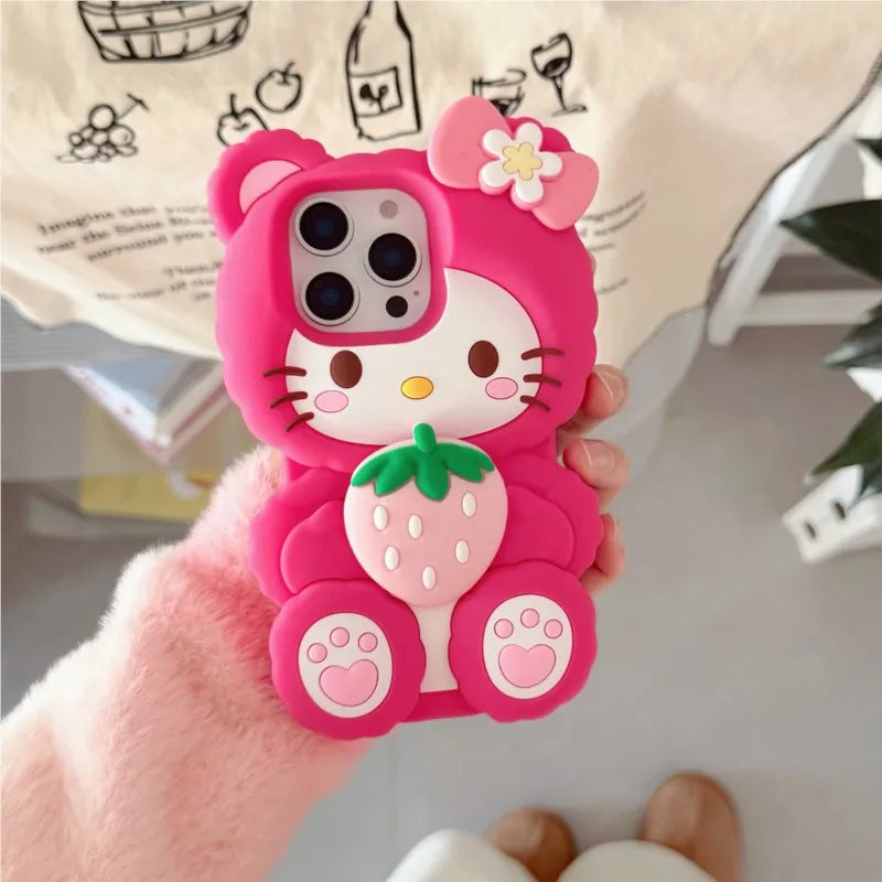Lovely Strawberry Sanrio 3D Cartoon Hello Kitty Phone Case For iPhone 17 16 15 14 13 12 Pro Max Plus 17 hockproof Silicone Cover