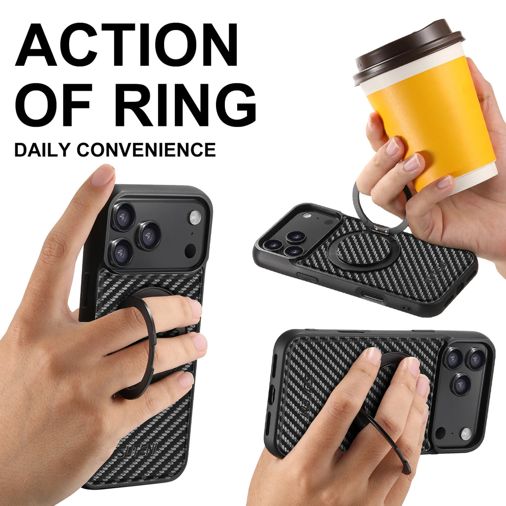 SUTENI Magnet Wireless Charging Mobile Phone Case 360° Rotating Stand Faux Leather Ring Buckle For iPhone 17 Pro Max 16 Plus 15