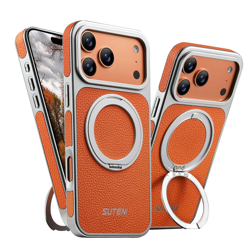 Rotating Magnet Ring Fold Stand Leather Magnetic Phone Case For Apple iPhone 17 16 15 14 13 Pro Max Silver Plating Armor Cover