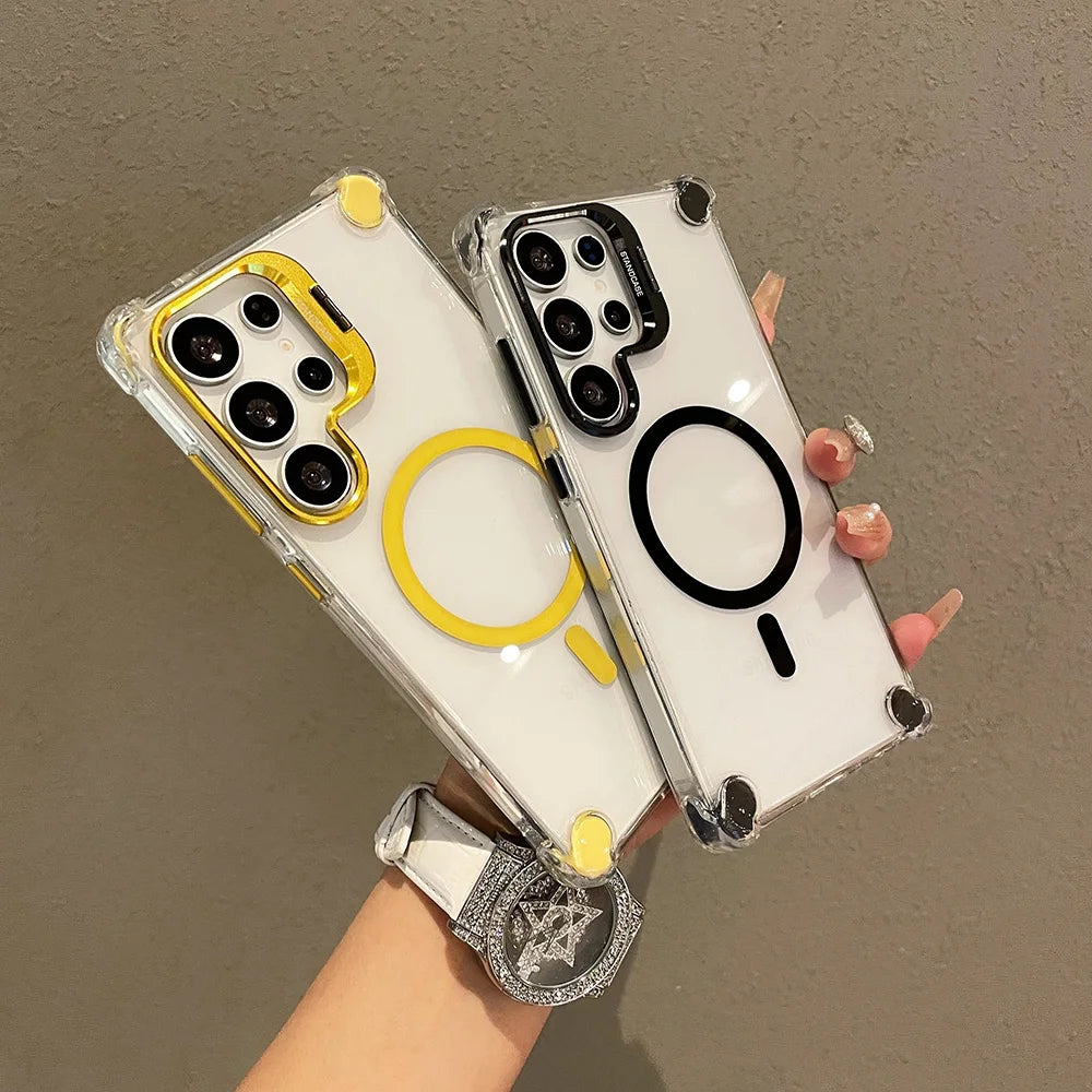 Camera Lens Flip Bracket Stand Case For Samsung Galaxy S23 S24 S25 S22 Ultra Plus FE A56 A36 A26 A16 A17 Magnetic Acrylic Cover