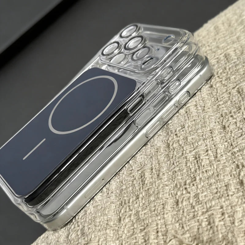 Luxury Hard Ultra-Thin Magnet Case For iPhone 17 Air 16 15 14 13 Pro Max For Magsafe Wireless Charge Clear PC Large Window Cover