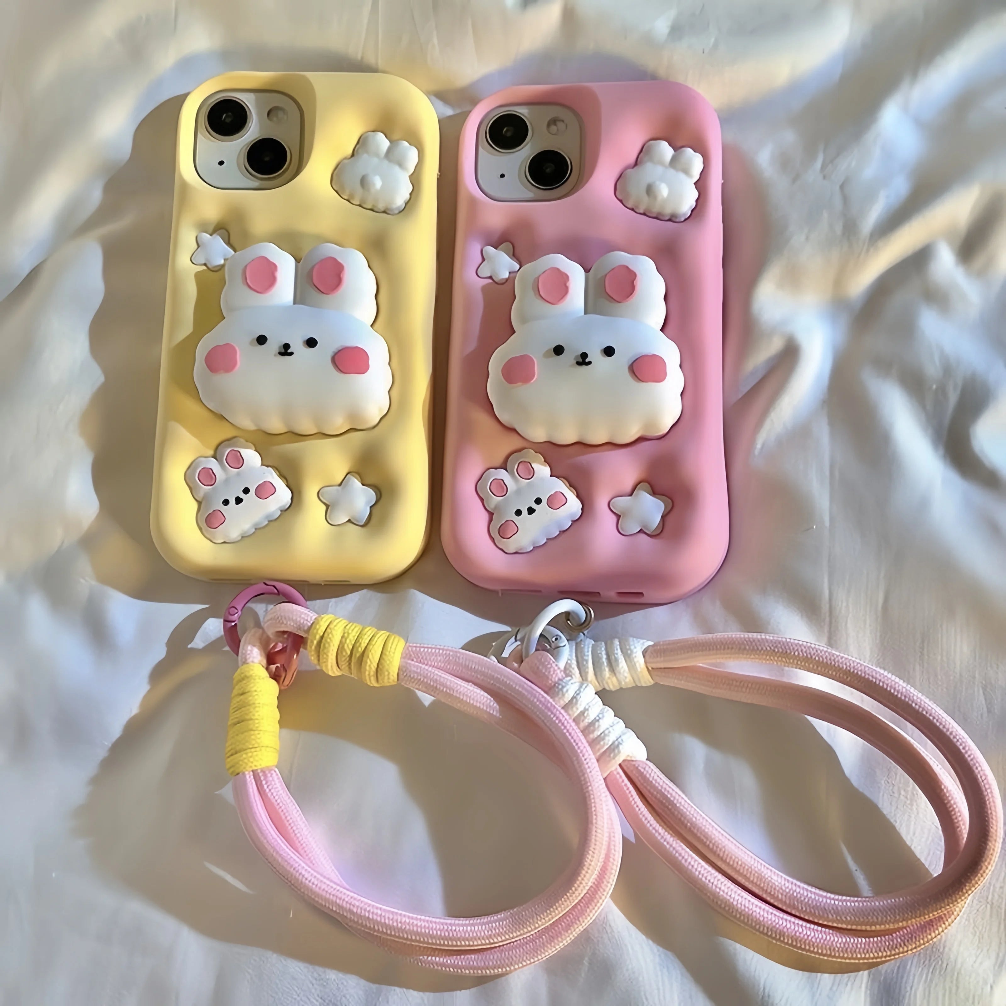 3D Animal Cartoon Rabbit Silicone Phone Case for iPhone 16 15 14 13 12 Pro Max 11 Soft Cover with Wrist Strap&Folding Holder