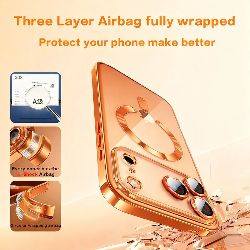 Fashion Orange Magnetic Clear Case For iPhone Air 17 16 15 14 13 12 11 Pro Max Plus Wireless Charge Plating Soft Business Cover
