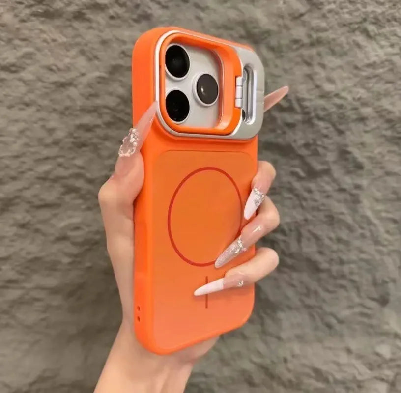 Fold Lens Stand Holder Bracket AG Matte Magnetic Case For iPhone 17 16 15 14 13 12/11 Pro Max For Magsafe Silicone Bumper Cover