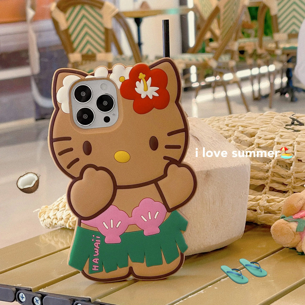 Kawaii Hello Kitty Phone Case For iPhone 17 16 15 14 13 12 11 Pro Max Plus 17 Pro Hula Skirt Kitty Silicone Cover with Lanyard