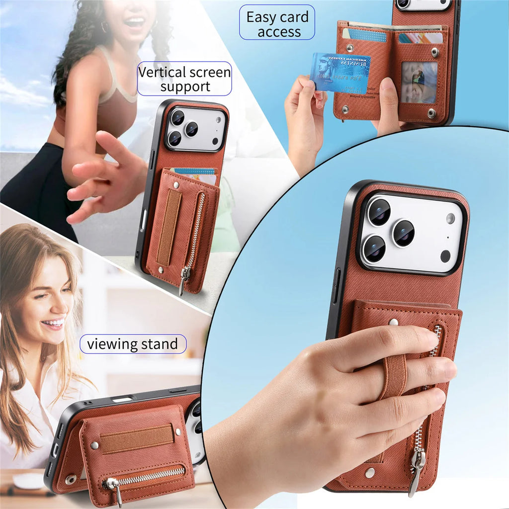 Wrist Strap Flip RFID Wallet with Card Holder Phone Case for IPhone Air 17 16E 16 Plus 15 14 13 12 11 Pro Max Leather Cover