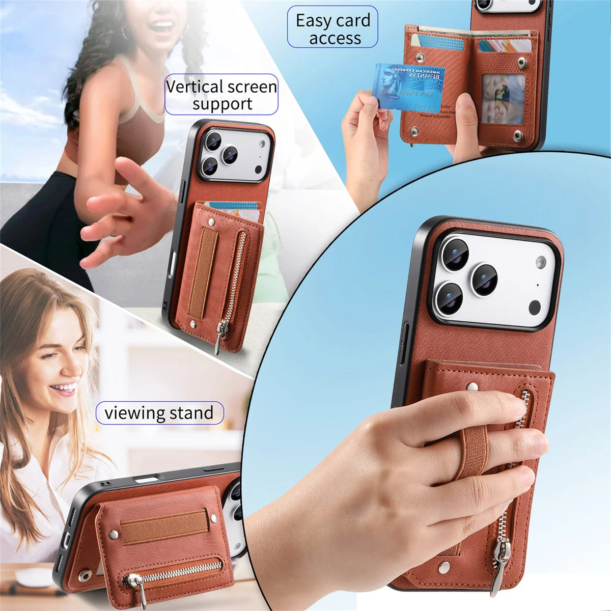 Wrist Strap Flip RFID Wallet with Card Holder Phone Case for IPhone Air 17 16E 16 Plus 15 14 13 12 11 Pro Max Leather Cover