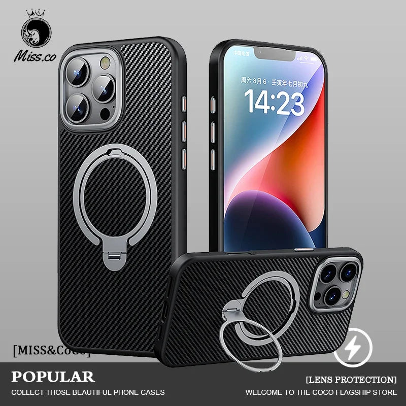 360° Ring Holder Carbon fiber Magnetic phone Case for iPhone 12 13 15 14 16 Pro max Wireless Charging Stand Suitable Phone Cover