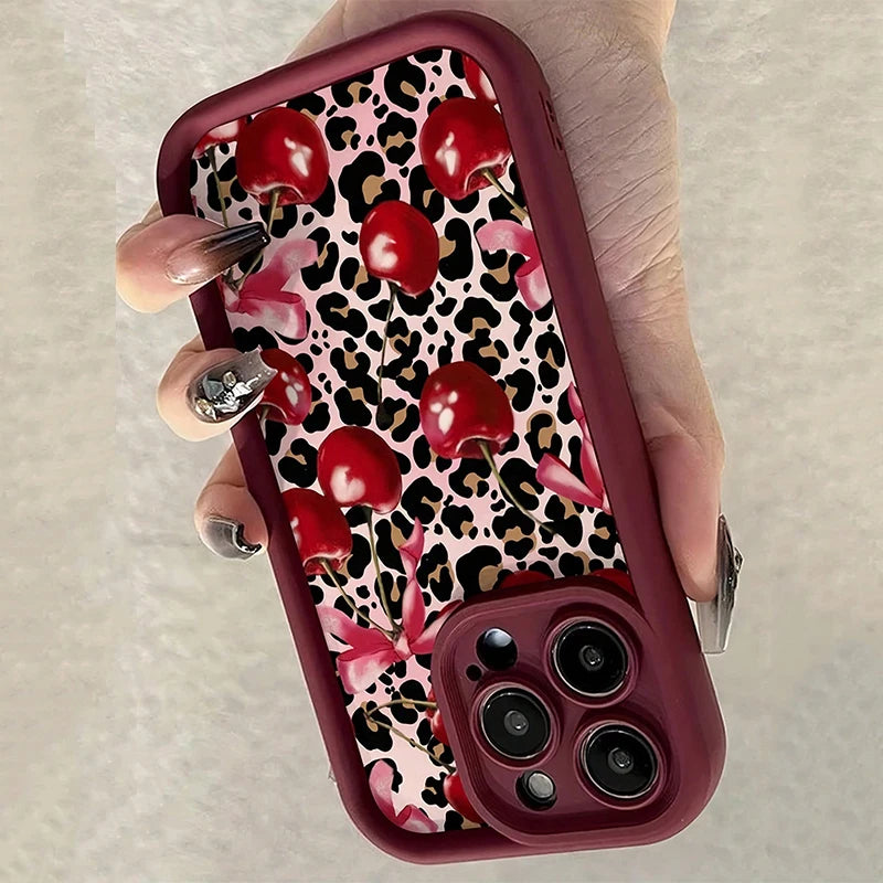 Butterfly Leopard Cherry Pattern Shockproof Silicone Phone Case For iPhone 17 16 Pro Max XS XR 7 8 14 15 Plus 13 12 11 16e Cover