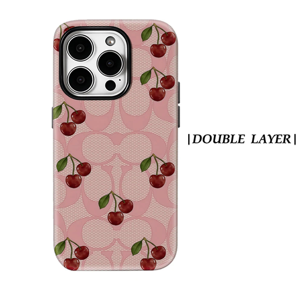Fashionable Pink Mesh Cherry Phone Case for iPhone 17 16e 16 15 14 13 12 11 7 8 Air Pro Max Plus Luxury Double-layer Back Cover