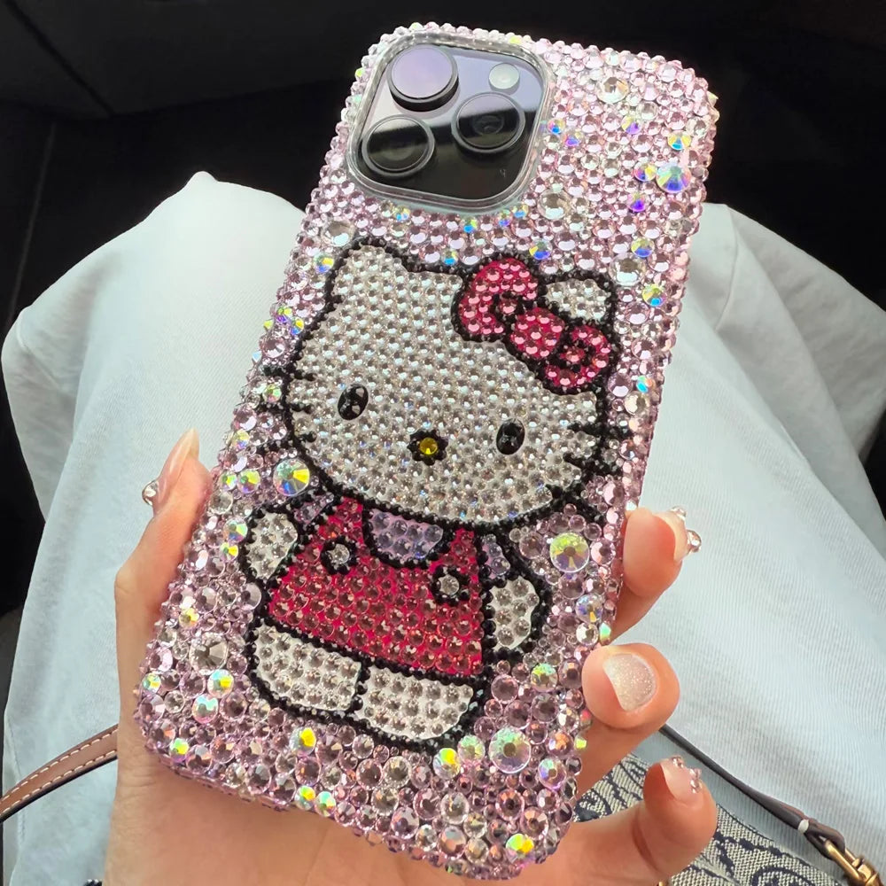 Kawaii Hello Kitty Rhinestone Bling Crystal Phone Case Chain For Iphone 7 8 17 16 15 14 13 12 11Pro Max Plus Shockproof Cover
