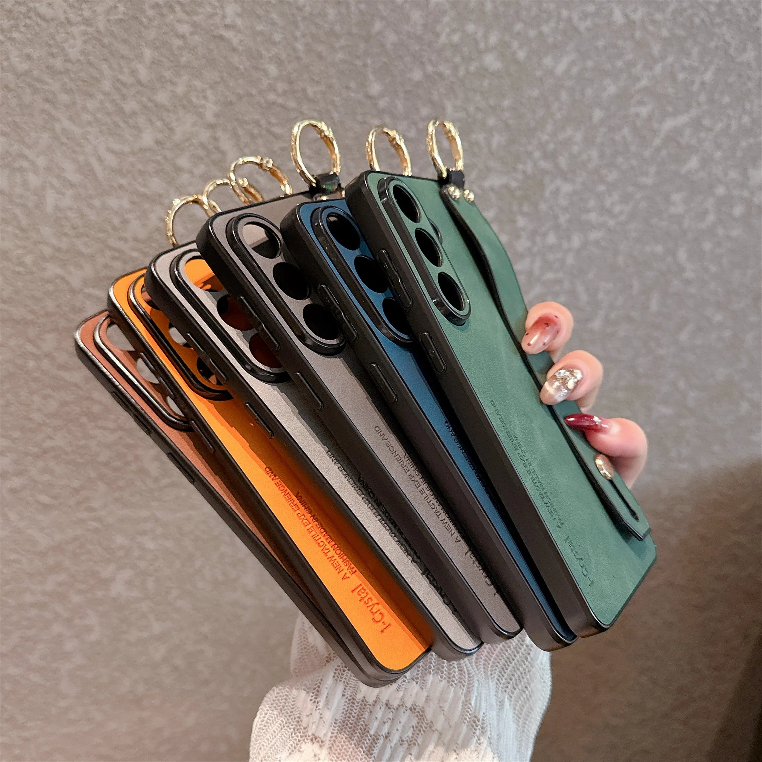 Luxury Matte Sheepskin Leather Wrist Strap Holder Phone Case For Samsung S26 S25 S23 S24  S21 S22 Ultra Plus Lens Protect Cover