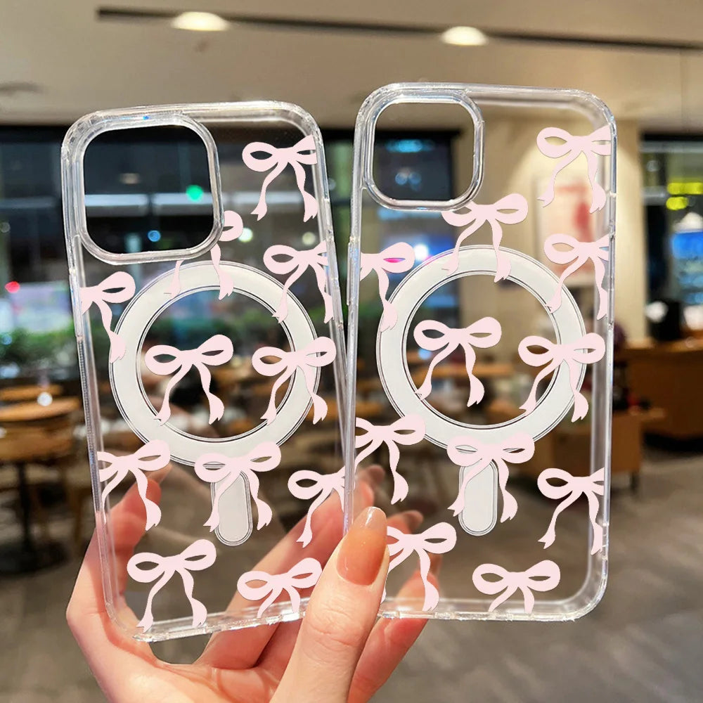 Y2K Pink Bow Magsafe Magnetic Charging Case For iPhone 13 Case iPhone 16 15 11 14 13 12 17 Pro Max Air Clear Shockproof Cover