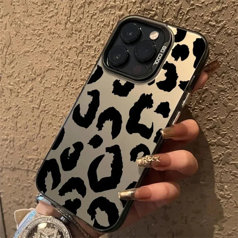 Leopard Print Electroplate Silver IMD Phone Case For iPhone 16 15 14 13 12 11 Pro Max 15 Plus Matte Shockproof Back Cover