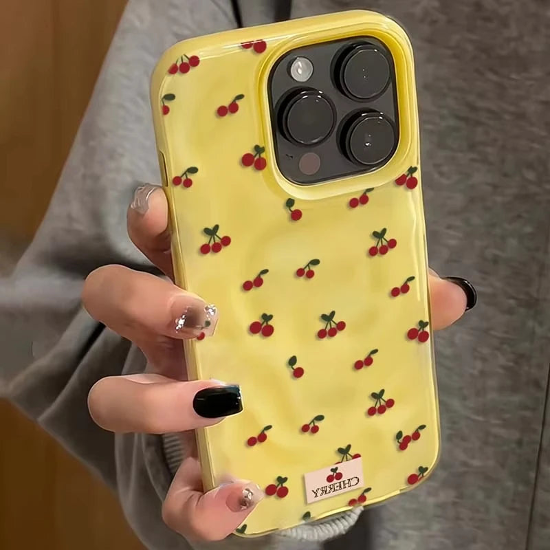 Cute Cherry Folds Texture Phone Case For iPhone 16 15 12 11 Pro Max 13 14 Pro Plus Shockproof Non-Slip Soft Cover Shell Fundas