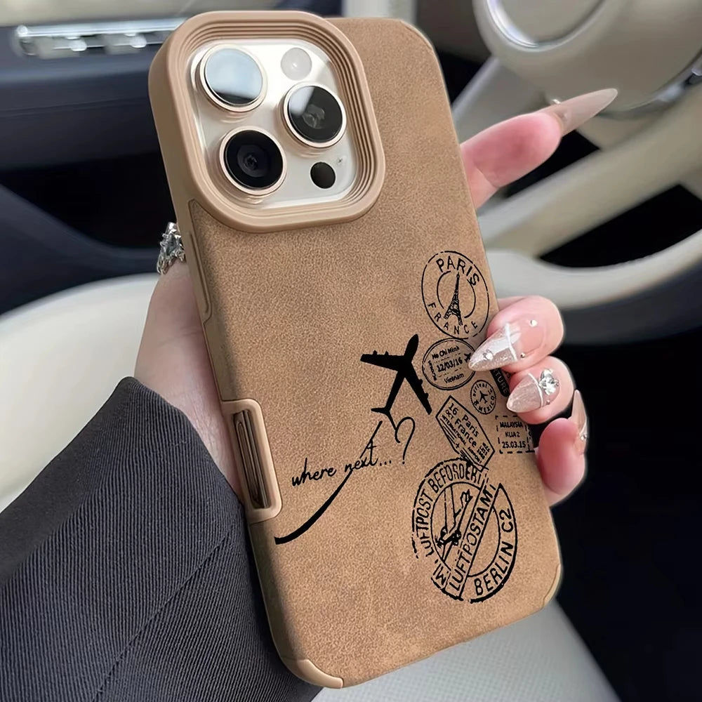 Airplane Stamp Faux Leather Phone Case For iPhone 17 16 15 14 13 12 11 Pro Max Plus X XR XS Air Shockproof Bumper Cases Cover