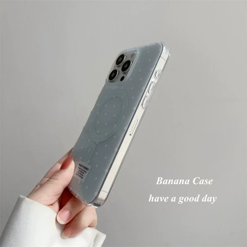 Ins Light Blue White Wave Dot Label Advanced Fresh For Magsafe Phone Case For iPhone 11 12 13 14 15 16 E 17 Pro Max Plus Cover