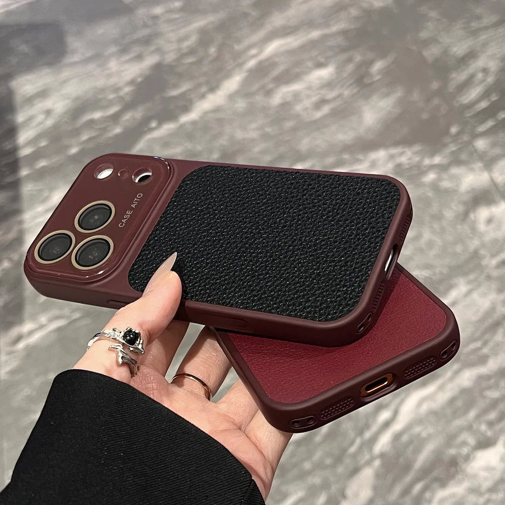 Luxury Litchi Leather Glass Lens Large Window Case For iPhone 17 16 15 14 13 Pro Max Plating Shockproof Bumper Candy Phone Cover