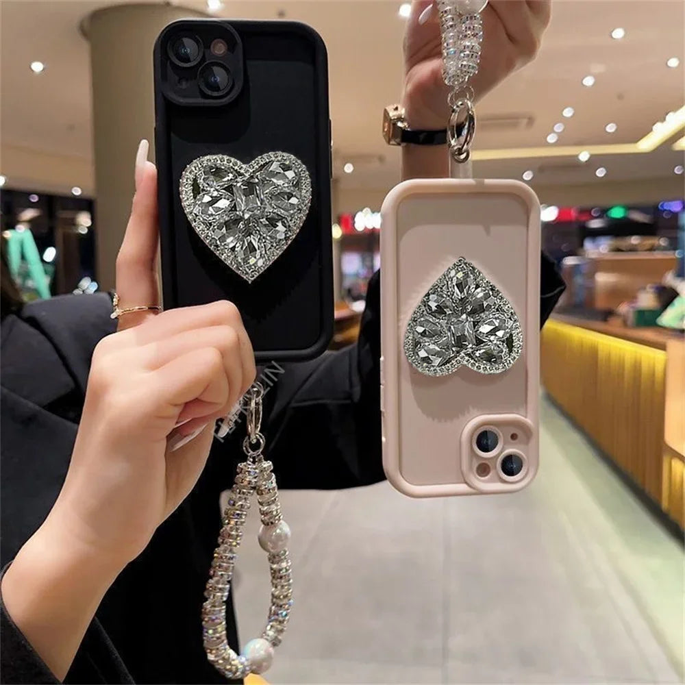 FLYKYLIN Love Diamonds Phone Case For Samsung S25 S24 S23 S22 Ultra S21 Plus S20 FE Note 20 Soft Silicone With Bracelet