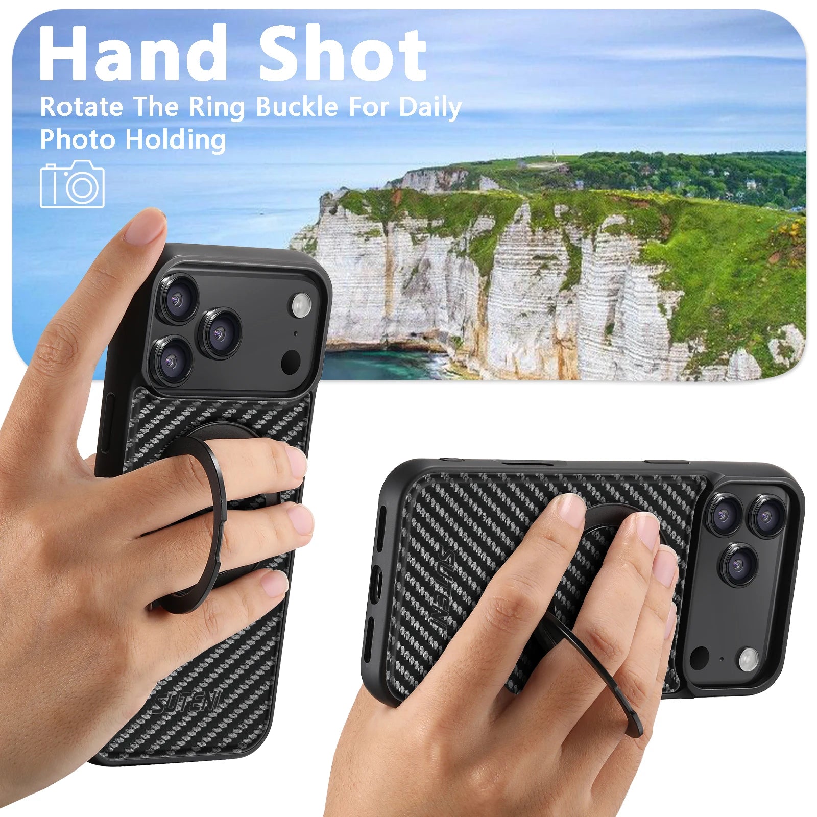 SUTENI Magnet Wireless Charging Mobile Phone Case 360° Rotating Stand Faux Leather Ring Buckle For iPhone 17 Pro Max 16 Plus 15