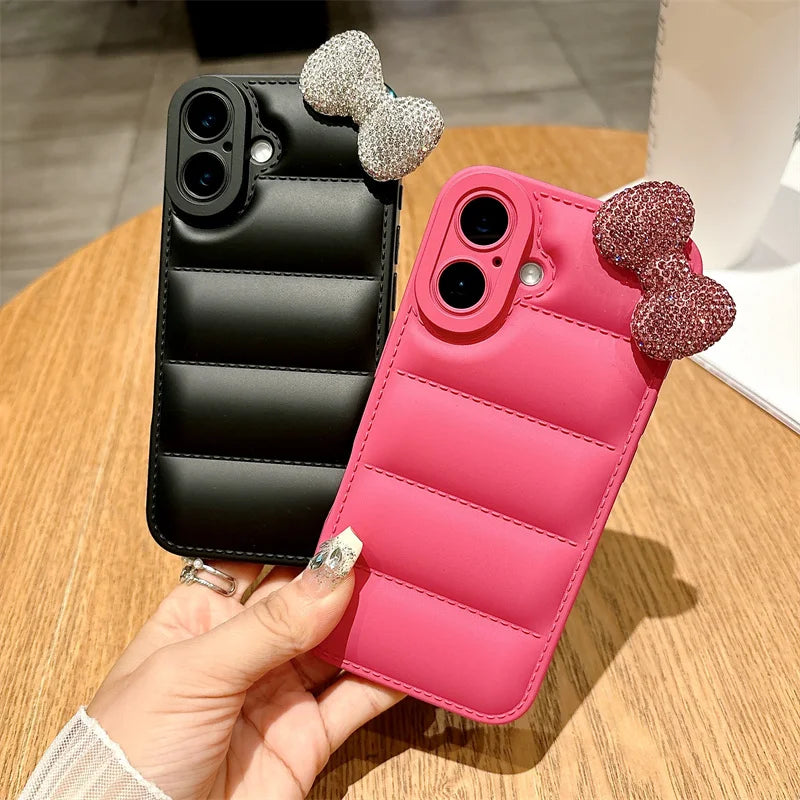 Soft Down Jacket Puffer Phone Case for iPhone X XS SE 7 8 16 15 14 13 12 11 Pro Max XR Plus Luxury Diamond Kitty Bowknot Cover
