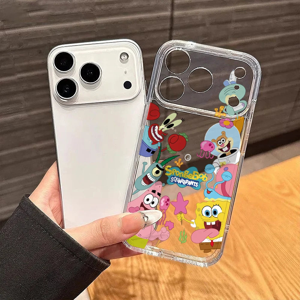 Cute SpongeBobs S-SquarePants Phone Case for iPhone 17 Air 16 15 14 Plus 13 12 11 Pro Max X Xs XR 8 e Soft TPU Transparent Cover